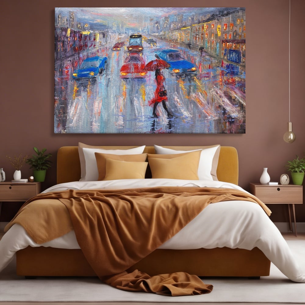 Tablou canvas cu tablou canvas cu oras in ploaie, fara rama, pe sasiu de lemn, pe perete intr-un dormitor
